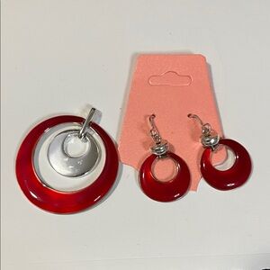 Red Circular Pendant and Hoop Earring Set - Women's Jewelry